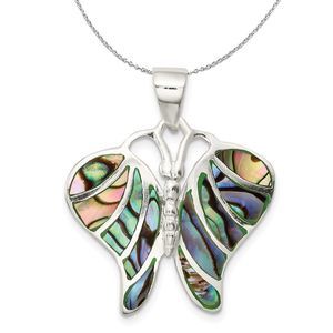 Sterling Silver and Abalone Butterfly 25mm Necklace - 20 Inch